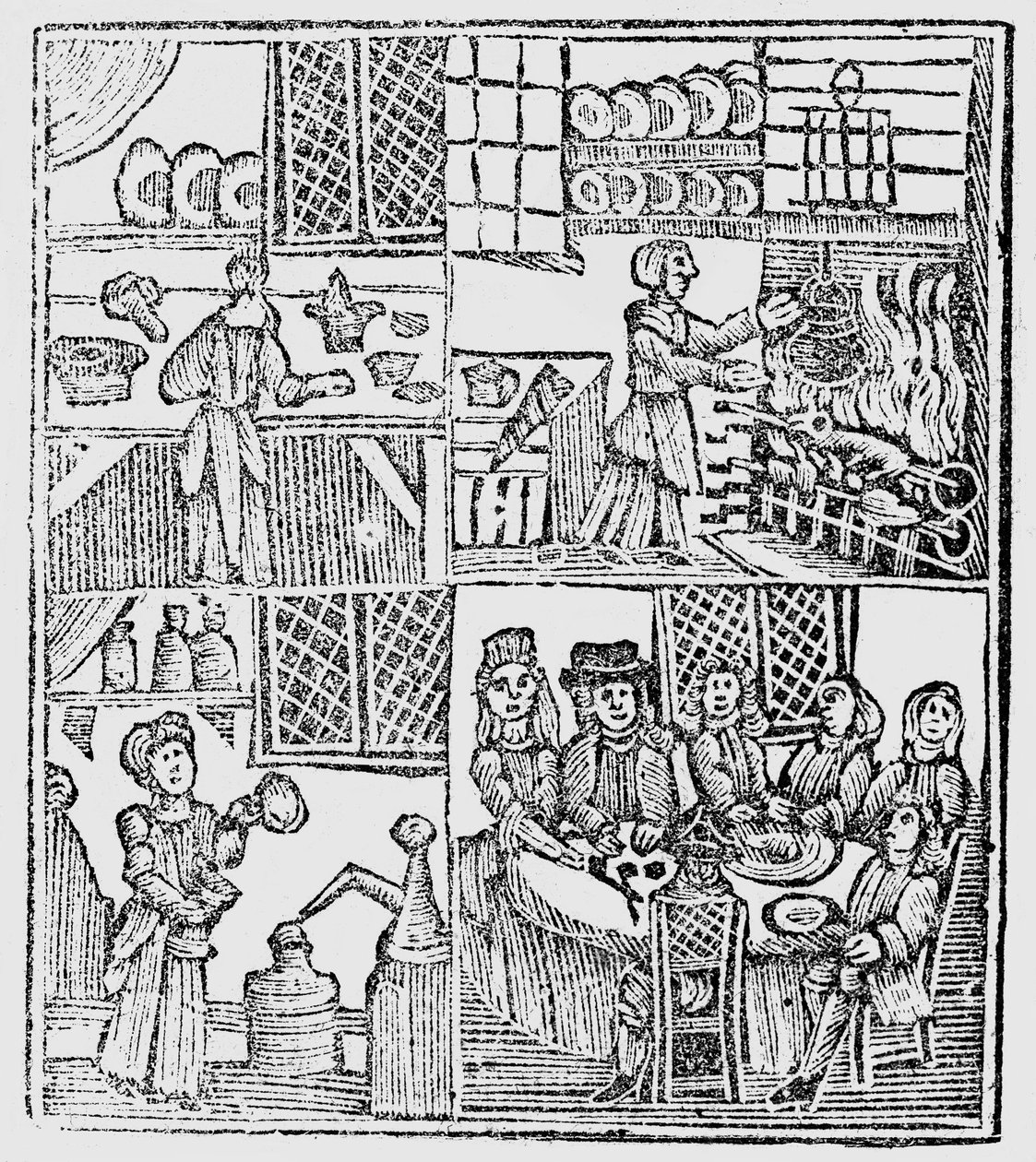 Keittiön sisustus, kuvitus teoksesta "A Book of Roxburghe Ballads" tekijältä English School