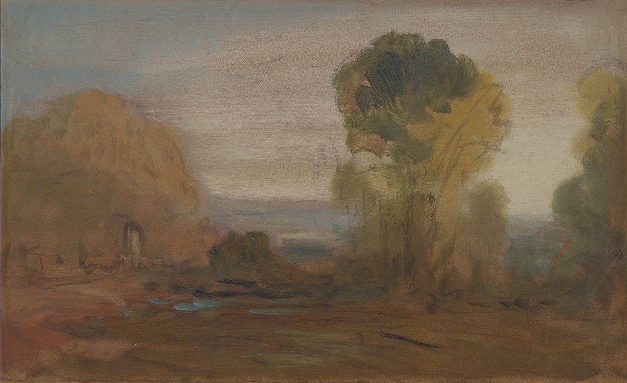 Maisema puiden kanssa, aiemmin J.M.W. Turner (1775-1851) ja myös Peter de Wint (1784-1849) ansioksi (öljy paperille) tekijältä English School