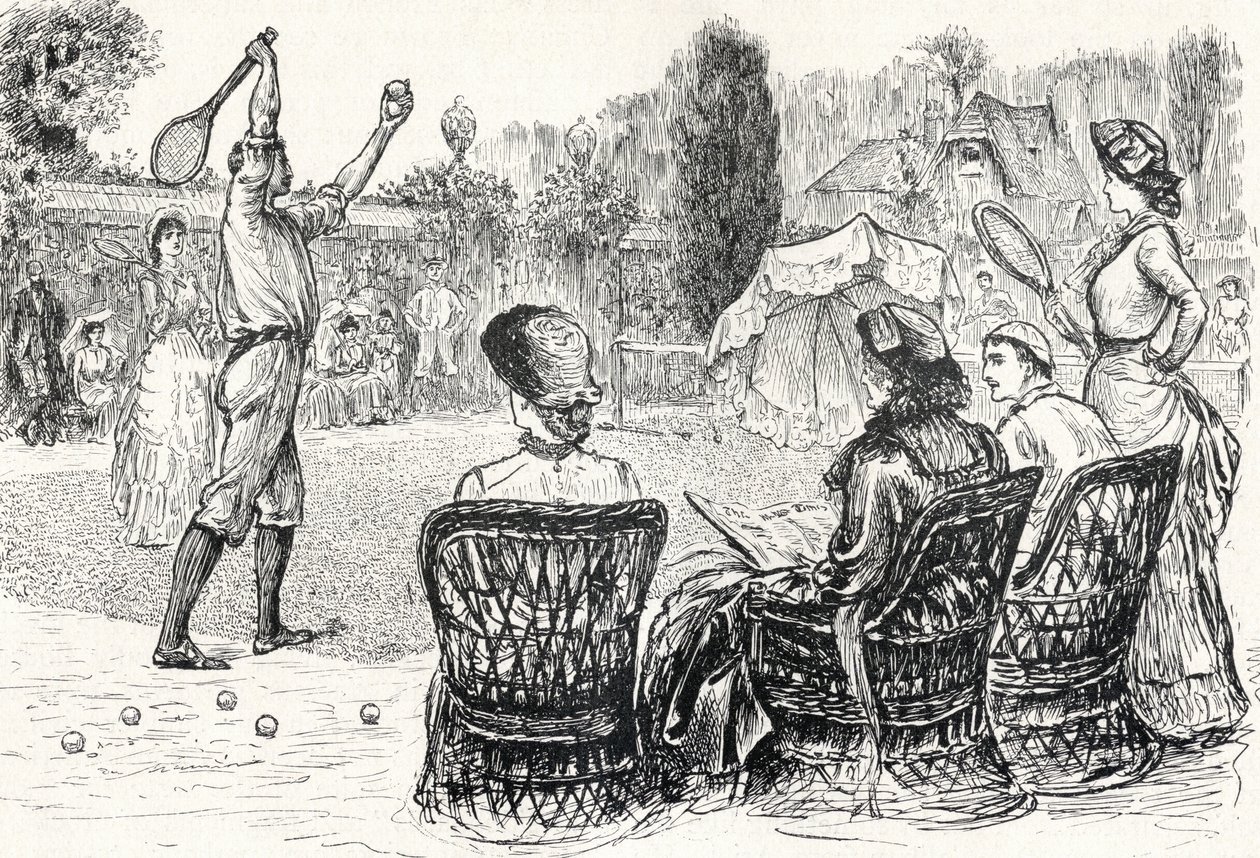 Lawn Tennis vuonna 1883, kaiverrettu Punch Magazinen alkuperäisestä piirroksesta, The Century Illustrated Monthly Magazinesta, toukokuusta lokakuuhun 1883 tekijältä English School