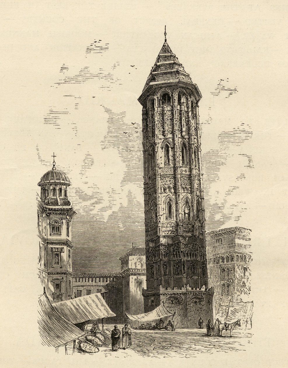 Kalteva torni Saragossa, kuvitus "Spanish Picturesistä", pastori Samuel Manning tekijältä English School