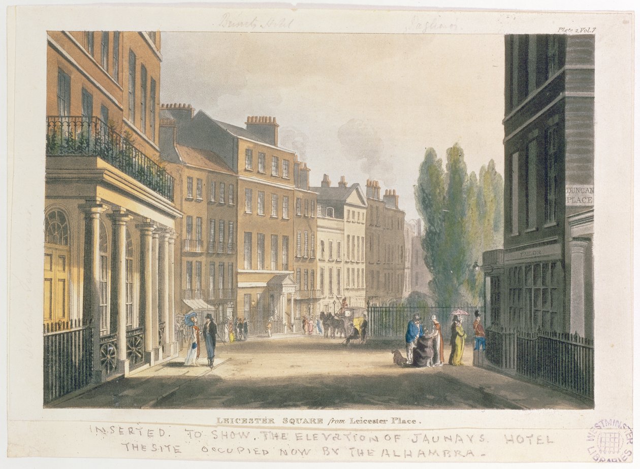 Leicester Square Lontoon Leicester Placesta, levy 2 Ackermanns Repository of Arts, 1812, 7. niteestä (akvatinta) tekijältä English School