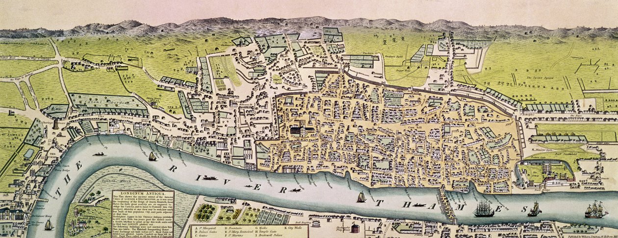 Londinium Antiqua, Lontoon kartta, pubi. kirjoittanut William Darton, 1563 (käsinvärinen kaiverrus) tekijältä English School