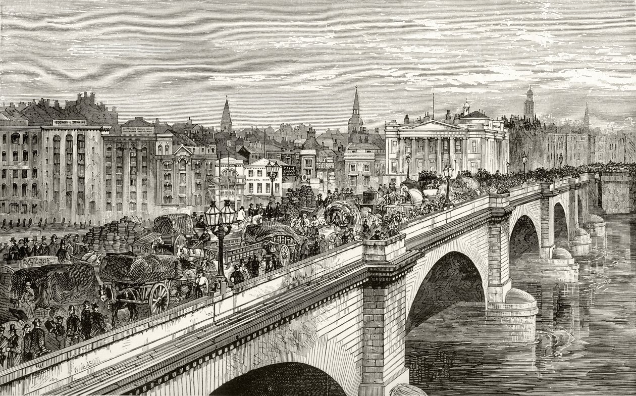 London Bridge 1800-luvulla, pastori Richard Lovettin teoksesta "London Pictures: Drawn with Pen and Pencil", julkaistu 1890 tekijältä English School