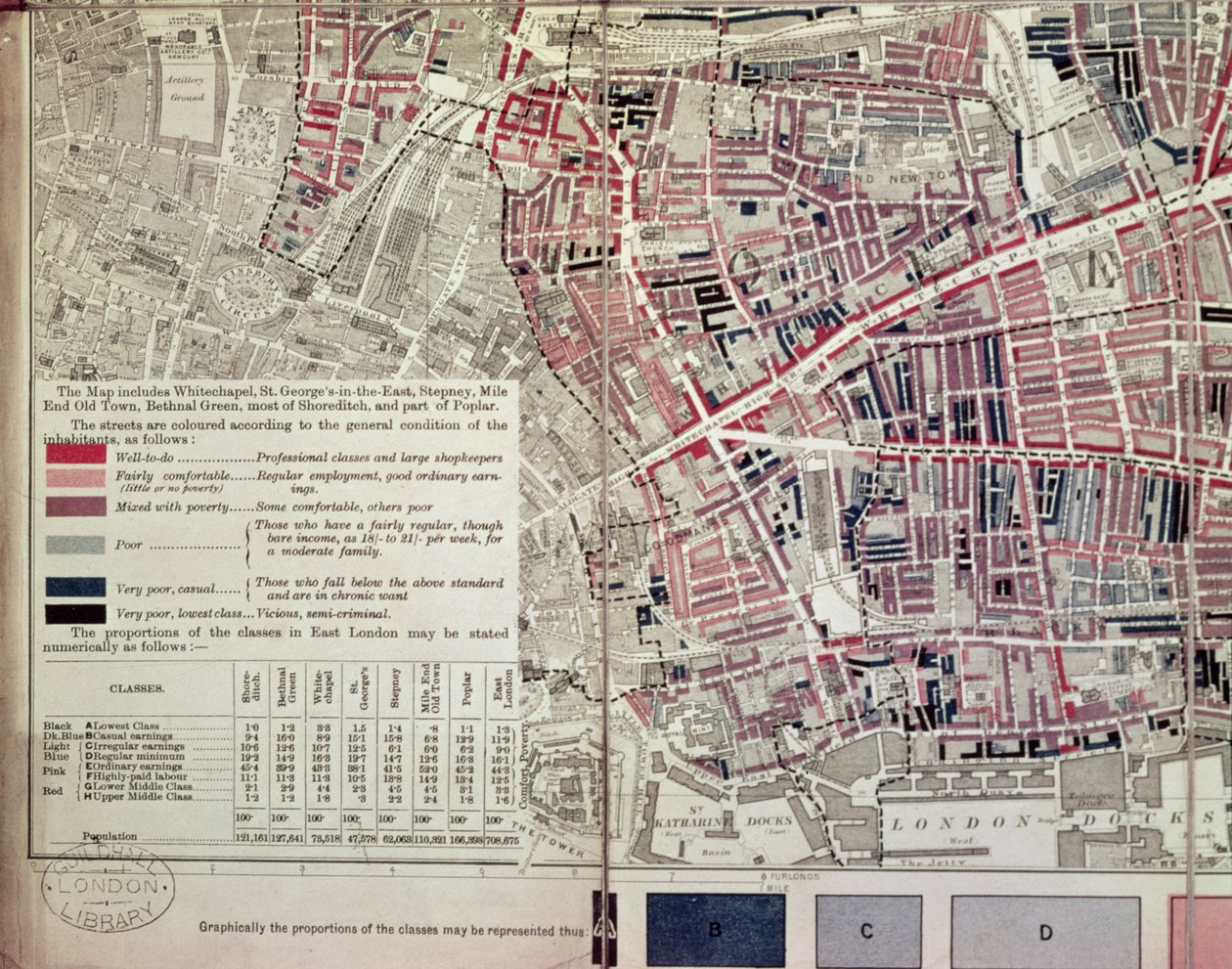Lontoo: Whitechapel-osio, kuvailevasta East Endin köyhyyden kartasta, 1887 tekijältä English School