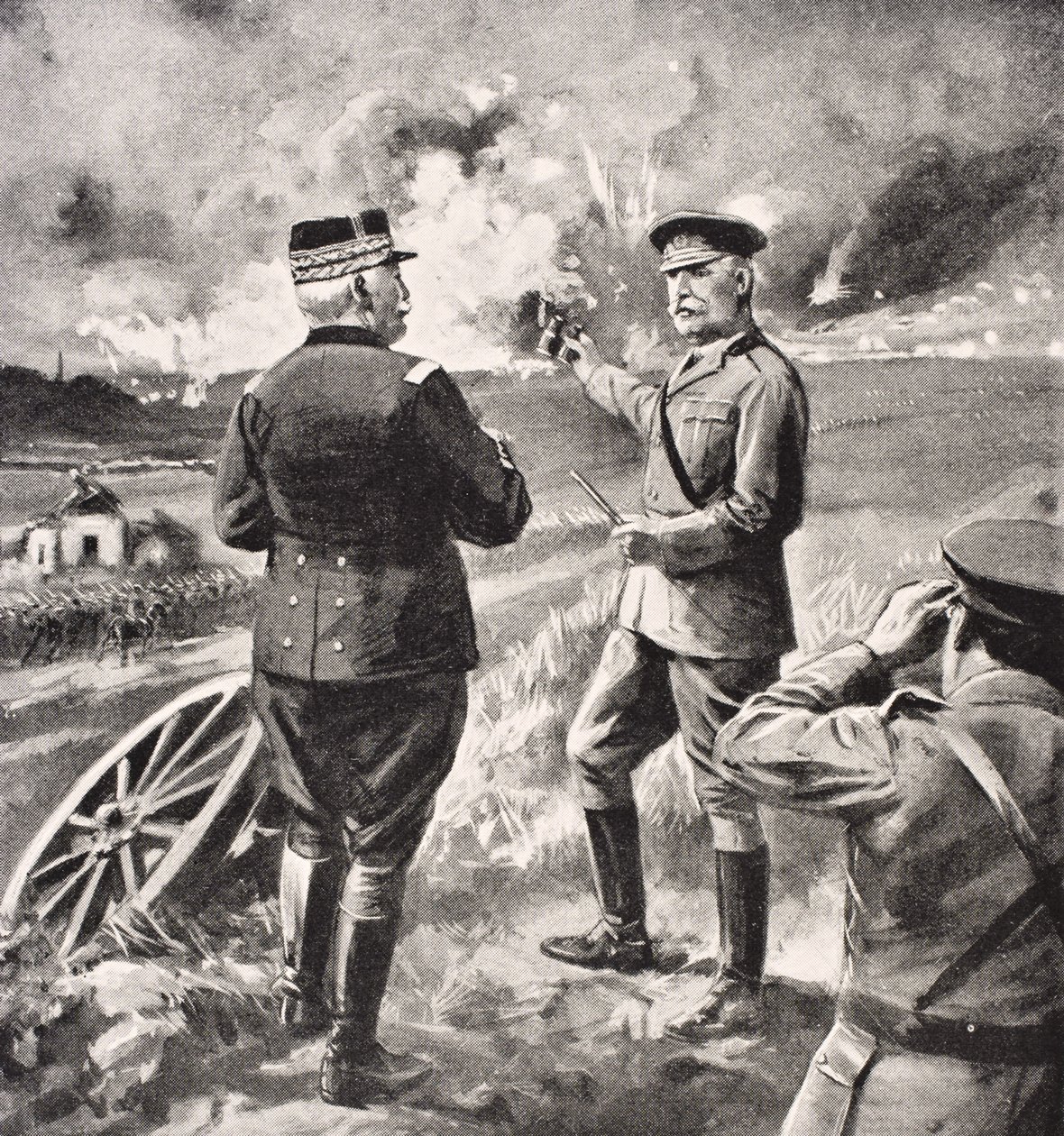 Lord Kitchener ja kenraali Joffre länsirintamalla, 1915, Lontoossa 1916 julkaistusta The War Illustrated Album deLuxesta tekijältä English School