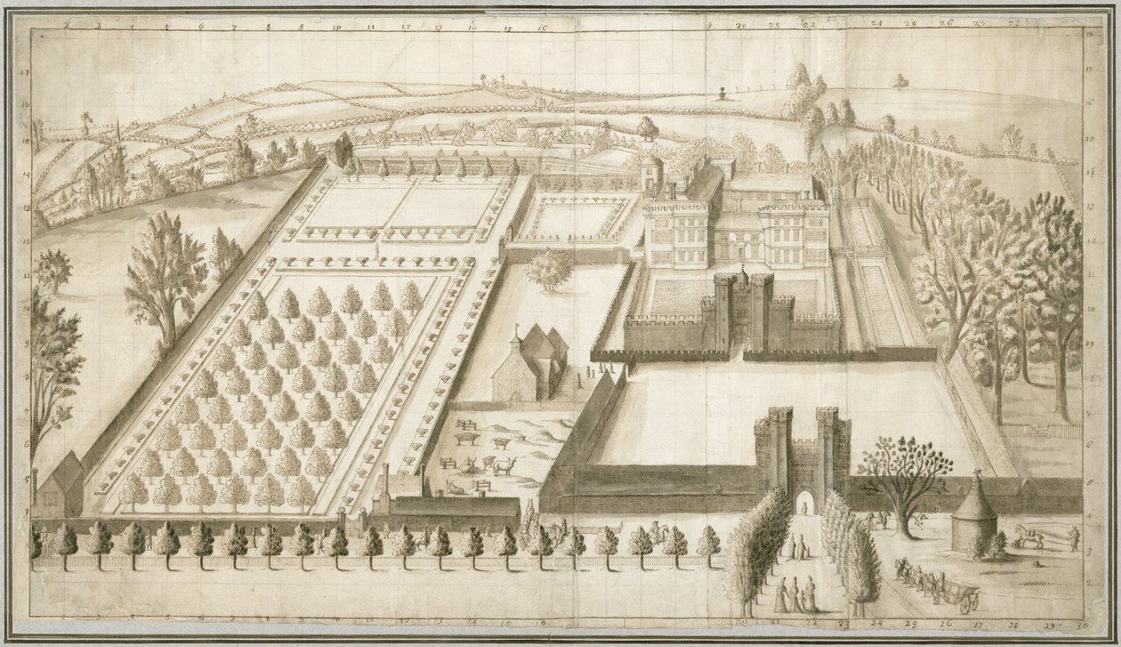 Lullingstonen linna, n. 1670 (kynä ja muste pesulla paperille) tekijältä English School