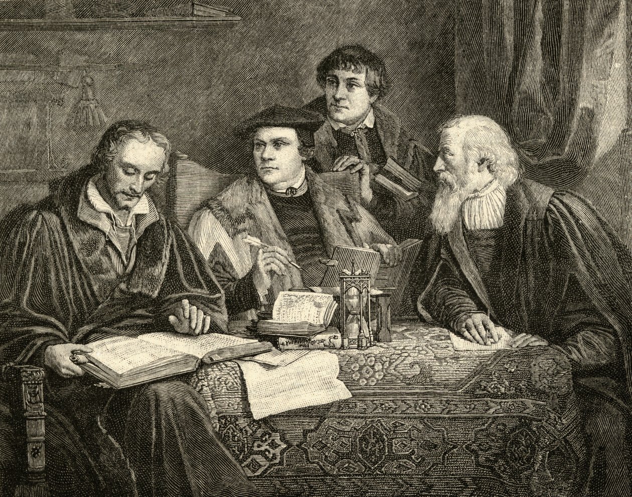 Luther (1483-1546) Melancthon (1497-1560) Pomeranus (1485-1558) ja Cruciger (1504-48) kääntämässä raamattua tekijältä English School