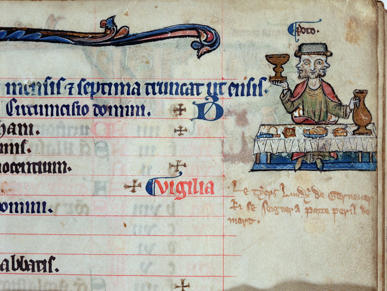 MS CCC 285 f.3 Kolmipäinen mies juomassa, tammikuun kuvitus psalterin kalenterissa, n.1250-75 tekijältä English School