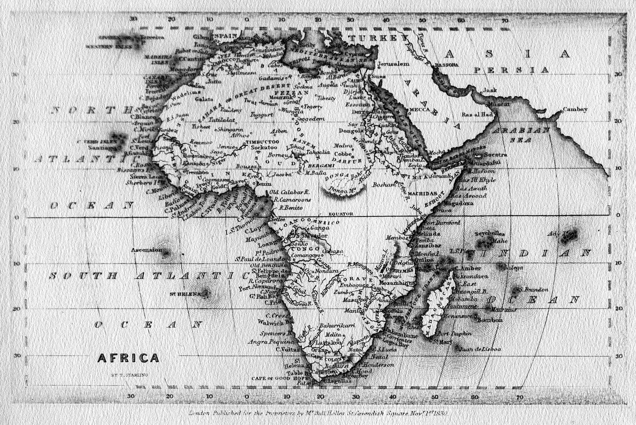 Afrikan kartta, kaiverrus Thomas Stirling, julkaissut Edward Bull, 1830 tekijältä English School