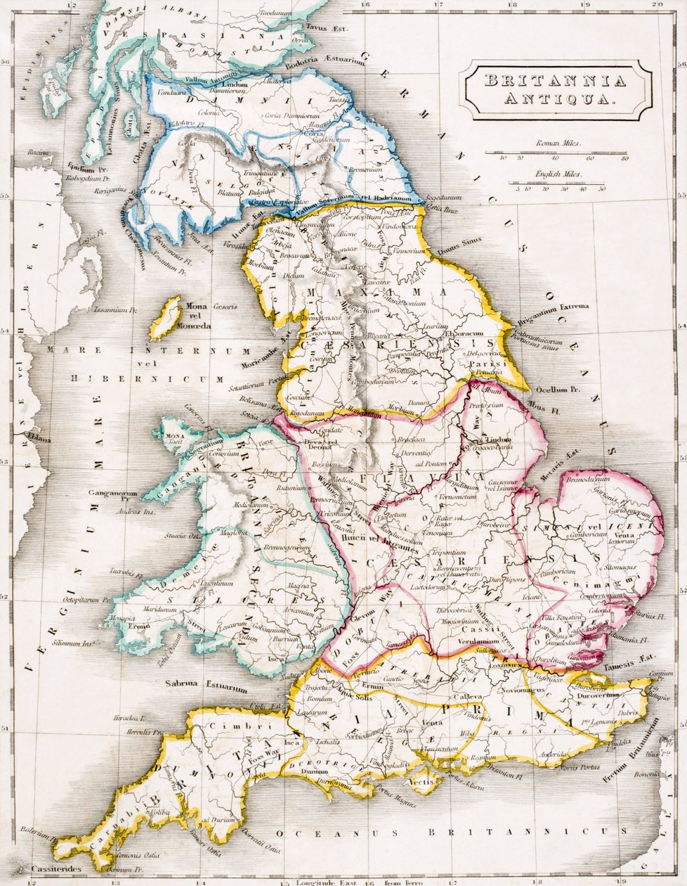 Englannin kartta, Britannia Antiqua, Samuel Butlerin julkaisusta "The Atlas of Ancient Geography", julkaistu Lontoossa, noin 1829 tekijältä English School