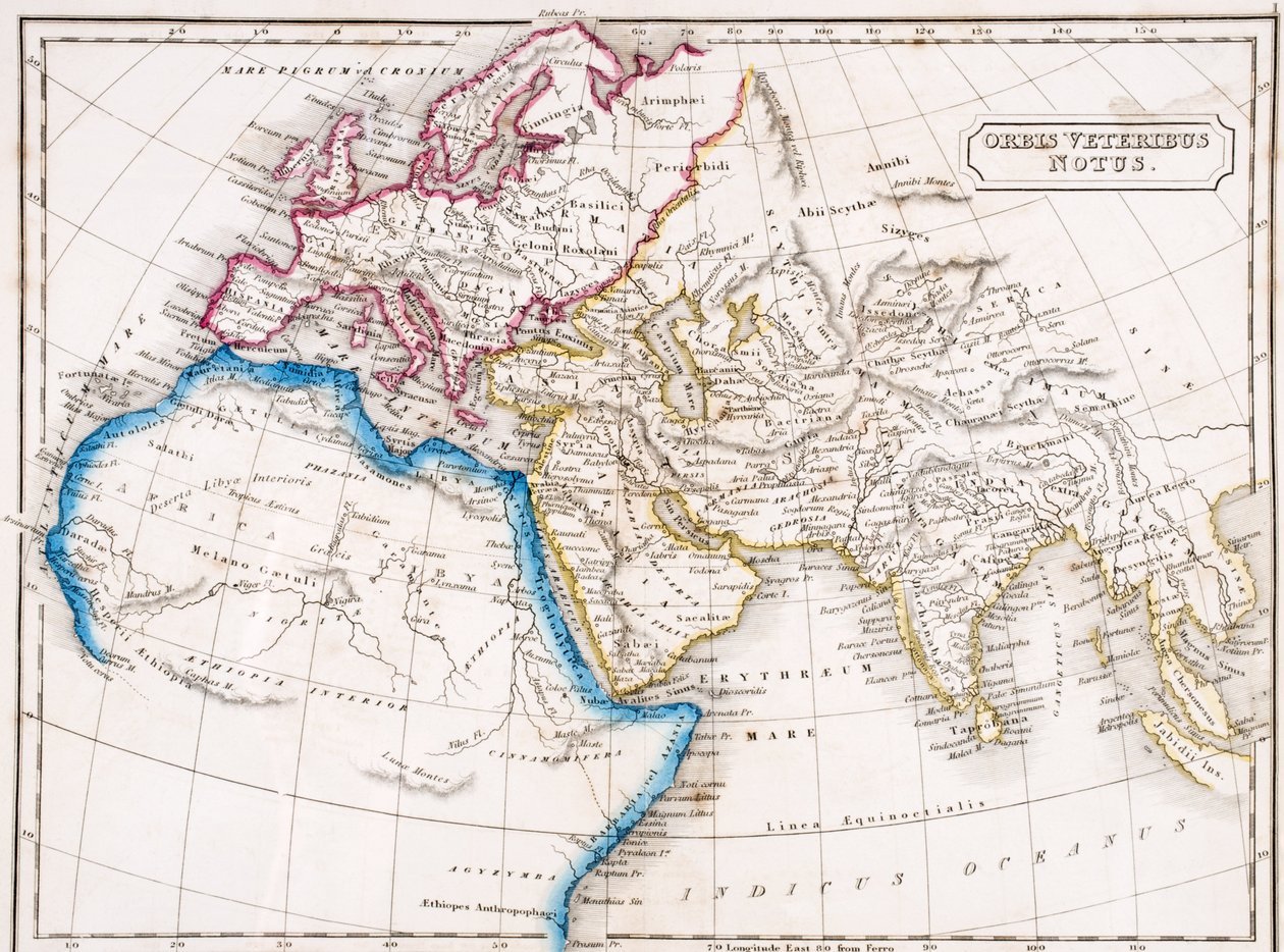 Pohjois-Afrikan ja Länsi-Aasian Euroopan kartta, Orbis Veteribus Notus, Samuel Butlerin julkaisusta "The Atlas of Ancient Geography", julkaistu Lontoossa, noin 1829 tekijältä English School