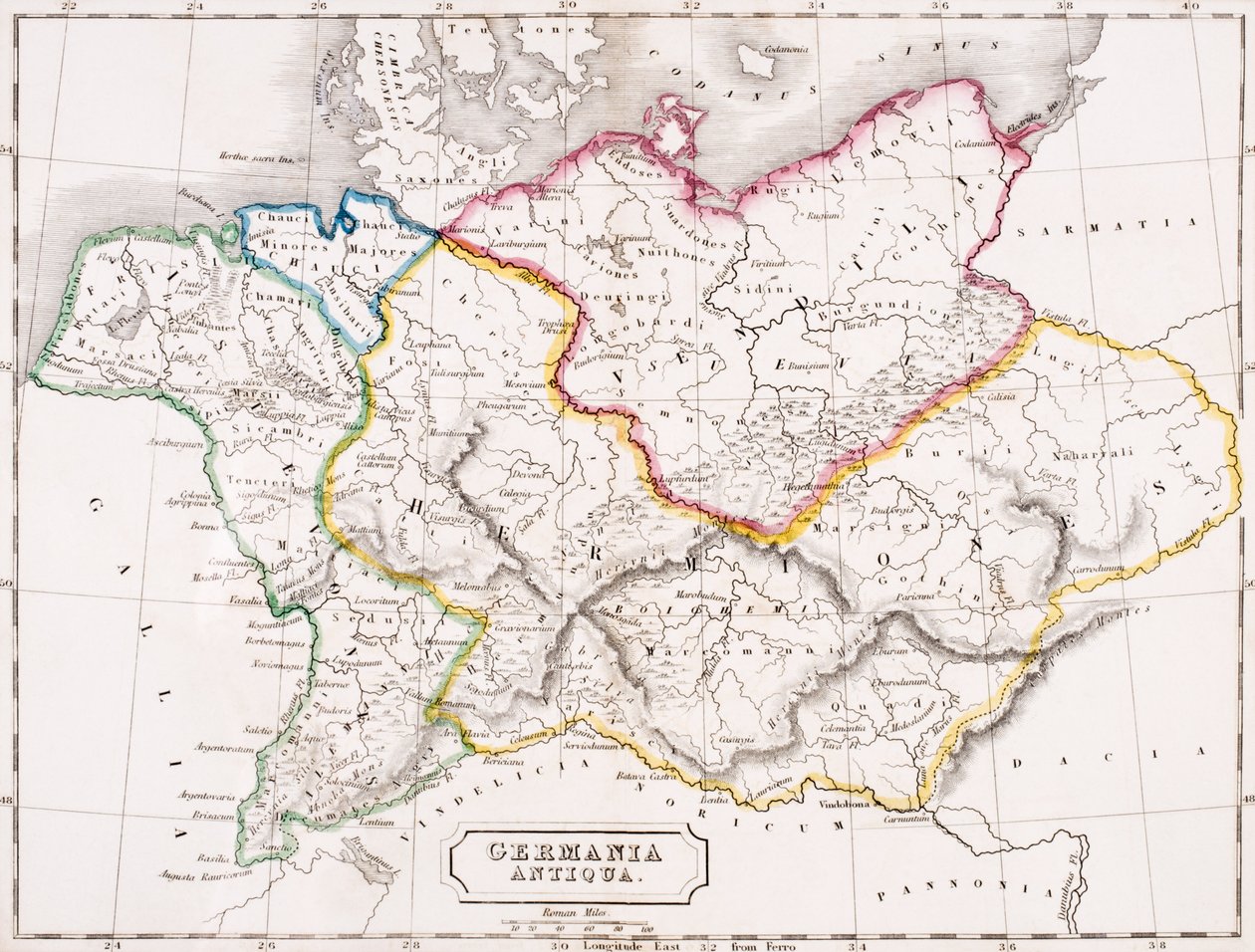 Saksan kartta, Germania Antiqua, Samuel Butlerin julkaisusta "The Atlas of Ancient Geography", julkaistu Lontoossa, noin 1829 tekijältä English School