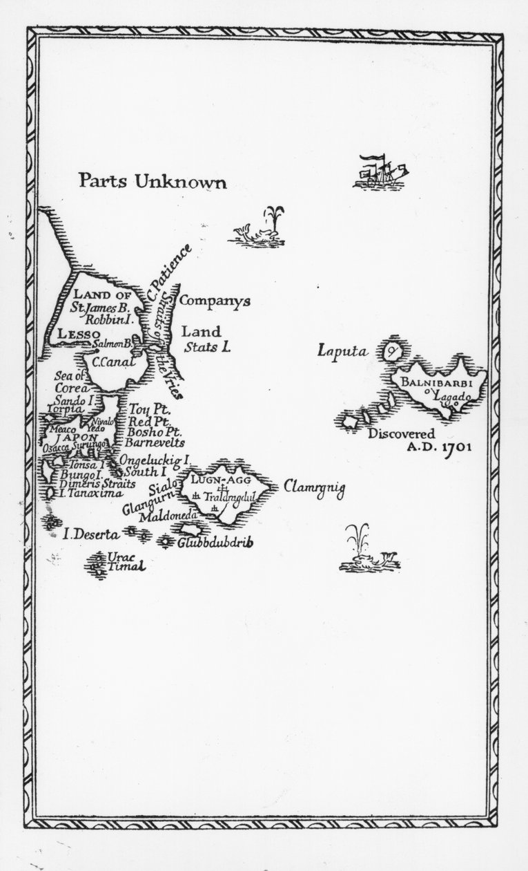 Laputan, Balnibarbin, Luggnaggin, Glubbdubdribin ja Japanin kartta, kuva Jonathan Swiftin "Gulliverin matkat" ensimmäisestä painoksesta, 1726 (painettu) tekijältä English School