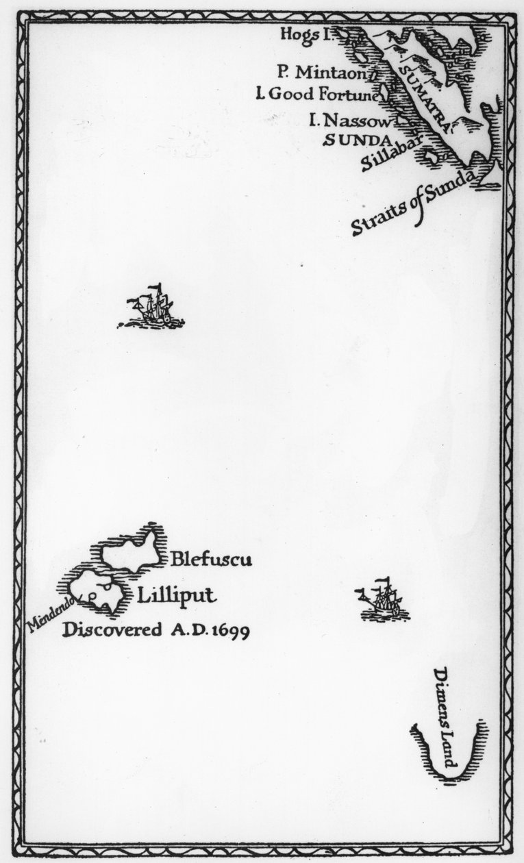 Lilliputin ja Blefuscun kartta, Jonathan Swiftin "Gulliverin matkat" ensimmäisestä painoksesta, 1726 (painettu) tekijältä English School