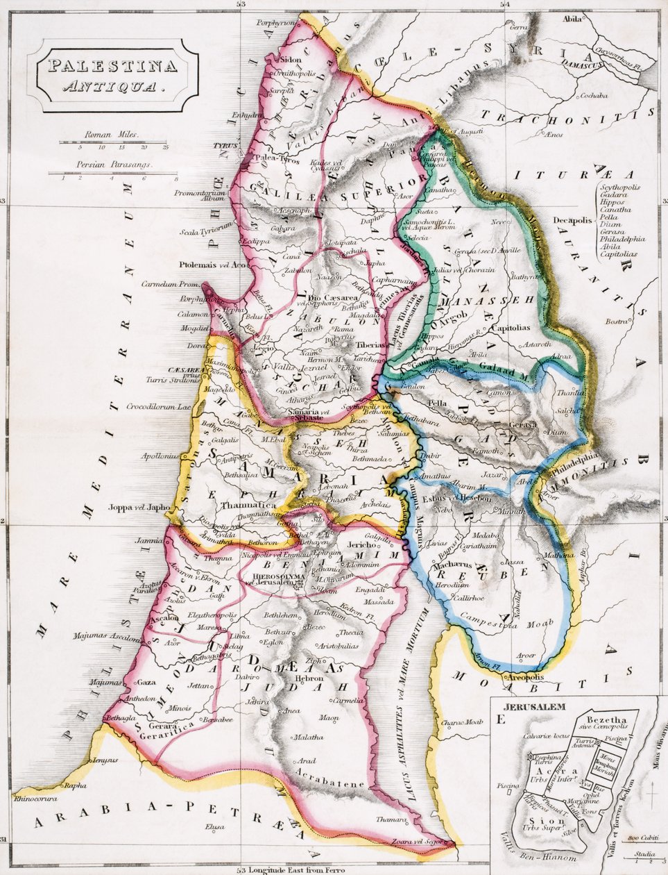 Palestiinan kartta, Palestina Antiqua, Samuel Butlerin "The Atlas of Ancient Geography", julkaistu Lontoossa, noin 1829 tekijältä English School