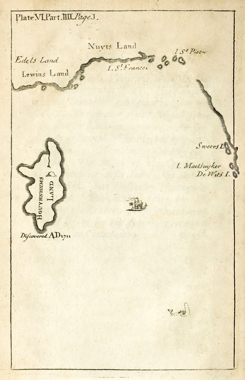 Kartta, joka näyttää Houyhnhnms Landin sijainnin Jonathan Swiftin Travels into Useisiin syrjäisiin kansakuntiin -julkaisun ensimmäisestä painoksesta, joka tunnetaan paremmin nimellä Gullivers Travels tekijältä English School