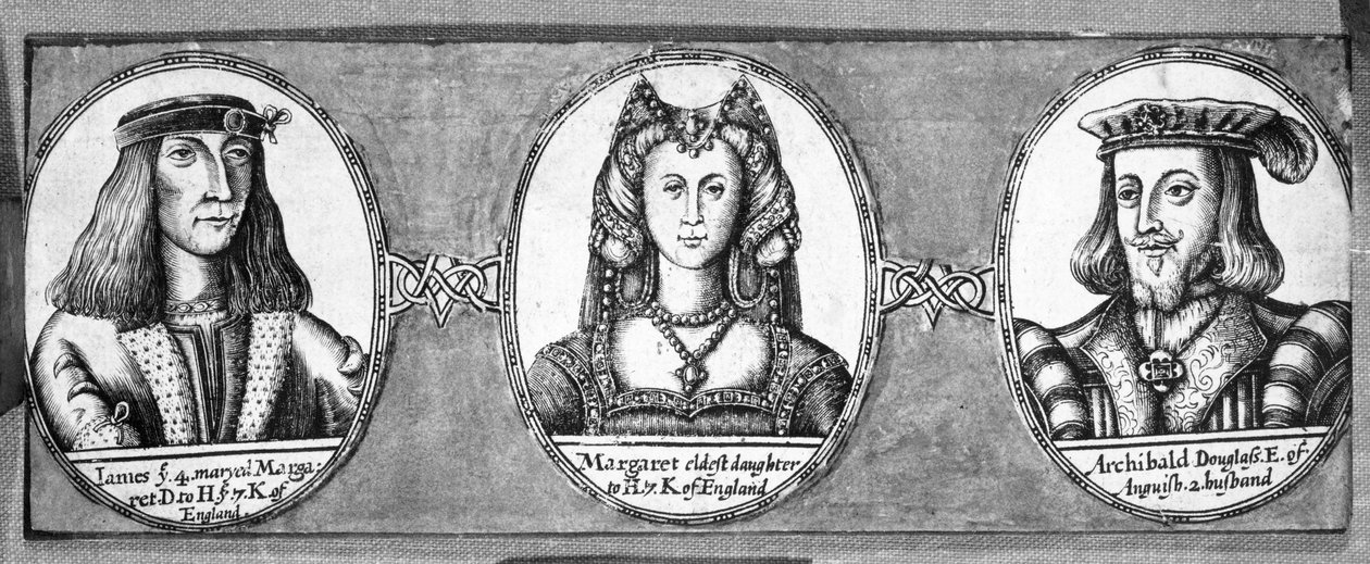 Margaret Tudor kahden aviomiehensä James IV:n ja Archibald Douglasin kanssa tekijältä English School