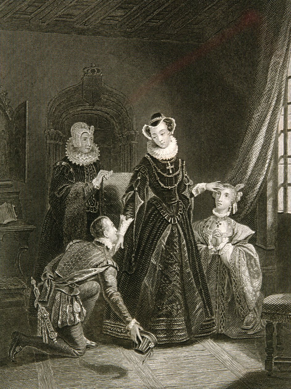 Skotlannin kuningatar Maria (1542-87) hoviväen seurassa. tekijältä English School
