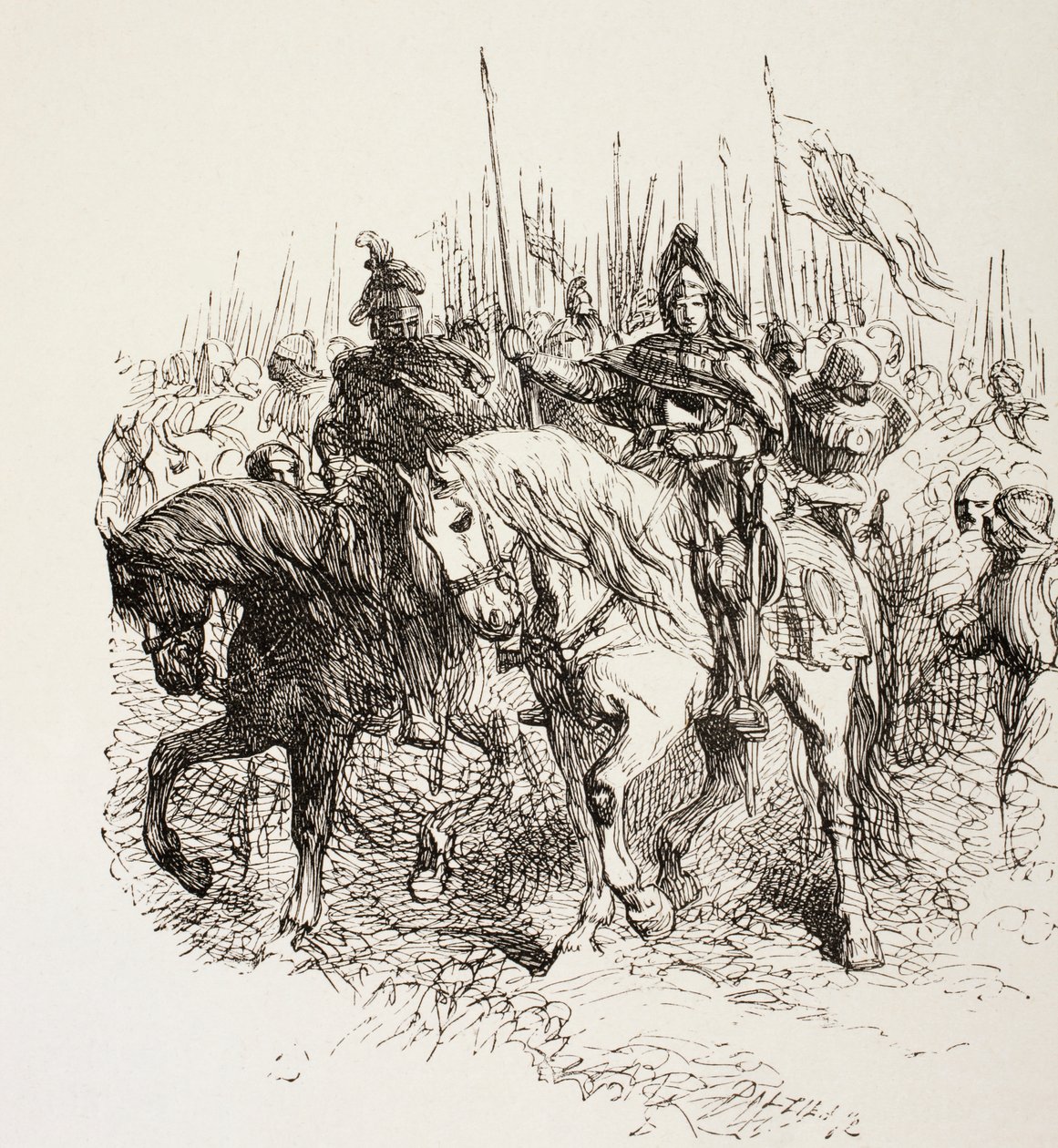 Keskiaikainen armeija marssissa, jota johtivat ritarit ratsain, The Illustrated Library Shakespeare -julkaisusta, Lontoossa 1890 tekijältä English School