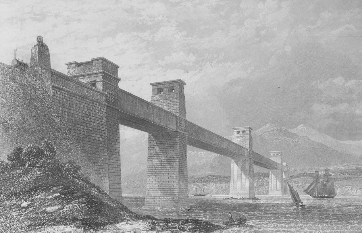 Menai Straits, Wales - Britannia Tubular Railway Bridge (Britannian putkijunasilta) Charles Tomlinsonin toimittamasta "Cyclopaedia of Useful Arts und Manufactures" -teoksesta, noin 1880-luku. tekijältä English School