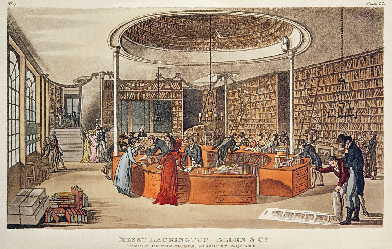 Herra Lackington, Allen ja Co. Musien temppeli, Finsbury Square, Lontoo, 1809 (käsinvärinen etsaus akvatintalla) tekijältä English School