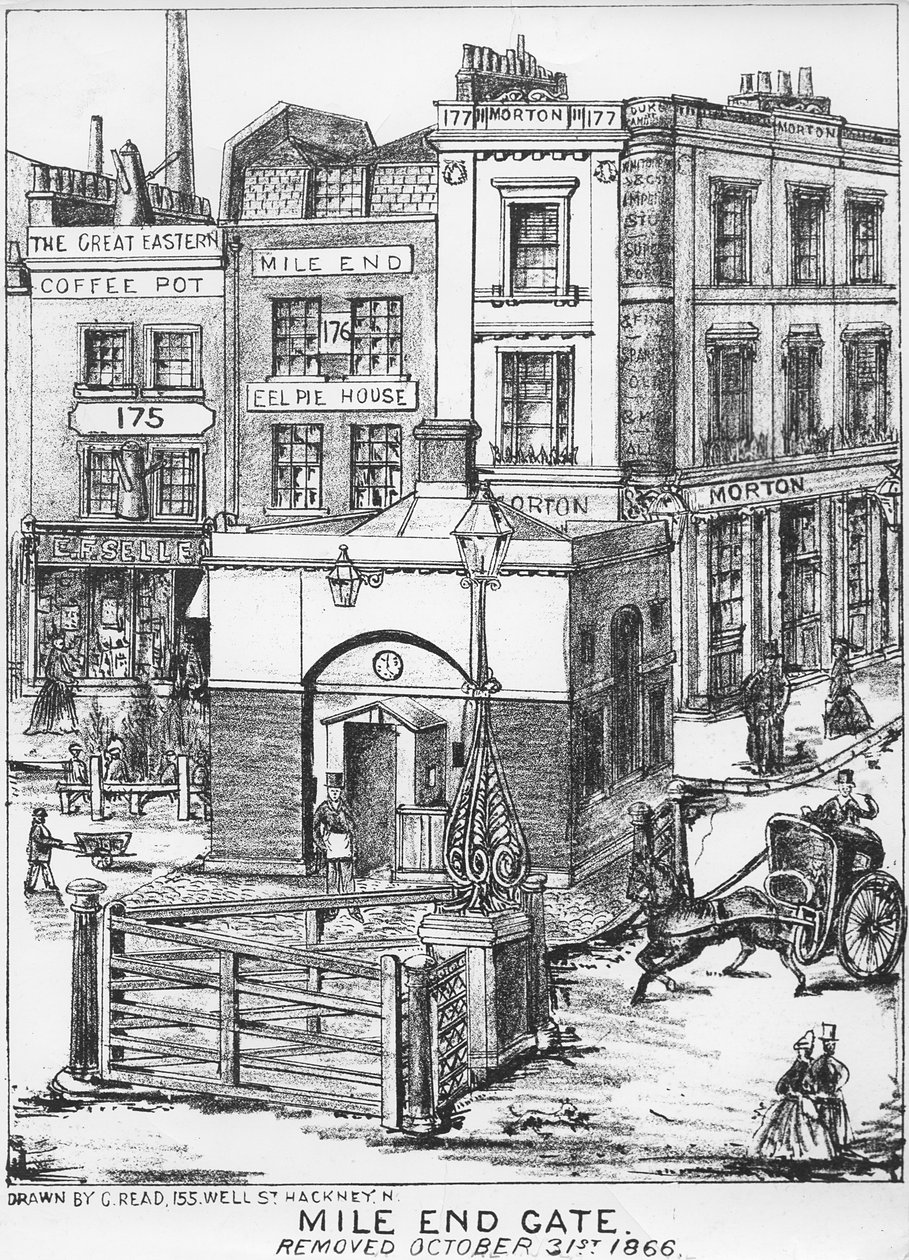 Mile End Gate, n. 1866 (kynä ja hiili paperilla) tekijältä English School