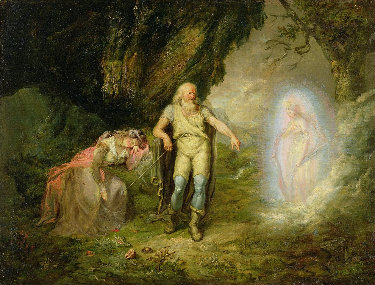 Miranda, Prospero ja Ariel, William Shakespearen "Myrsky", n. 1780 tekijältä English School