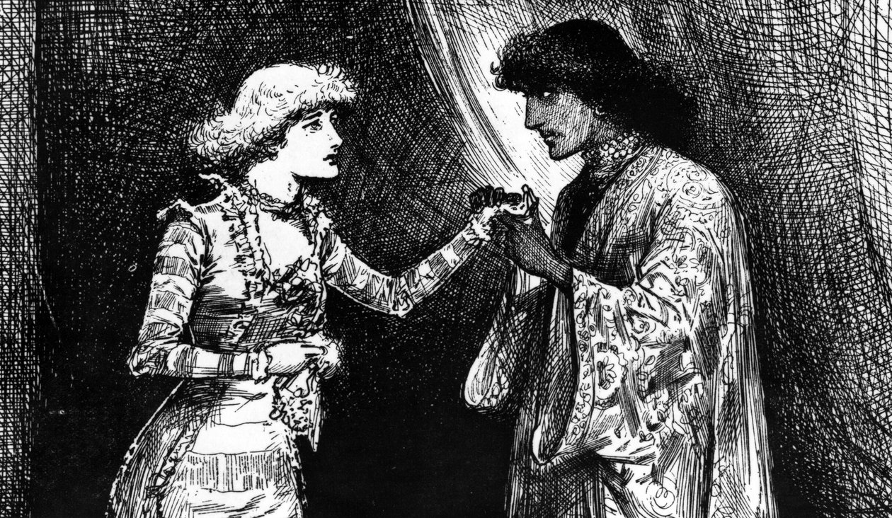 Neiti Ellen Terry Desdemonana ja herra Irving Othellona. tekijältä English School