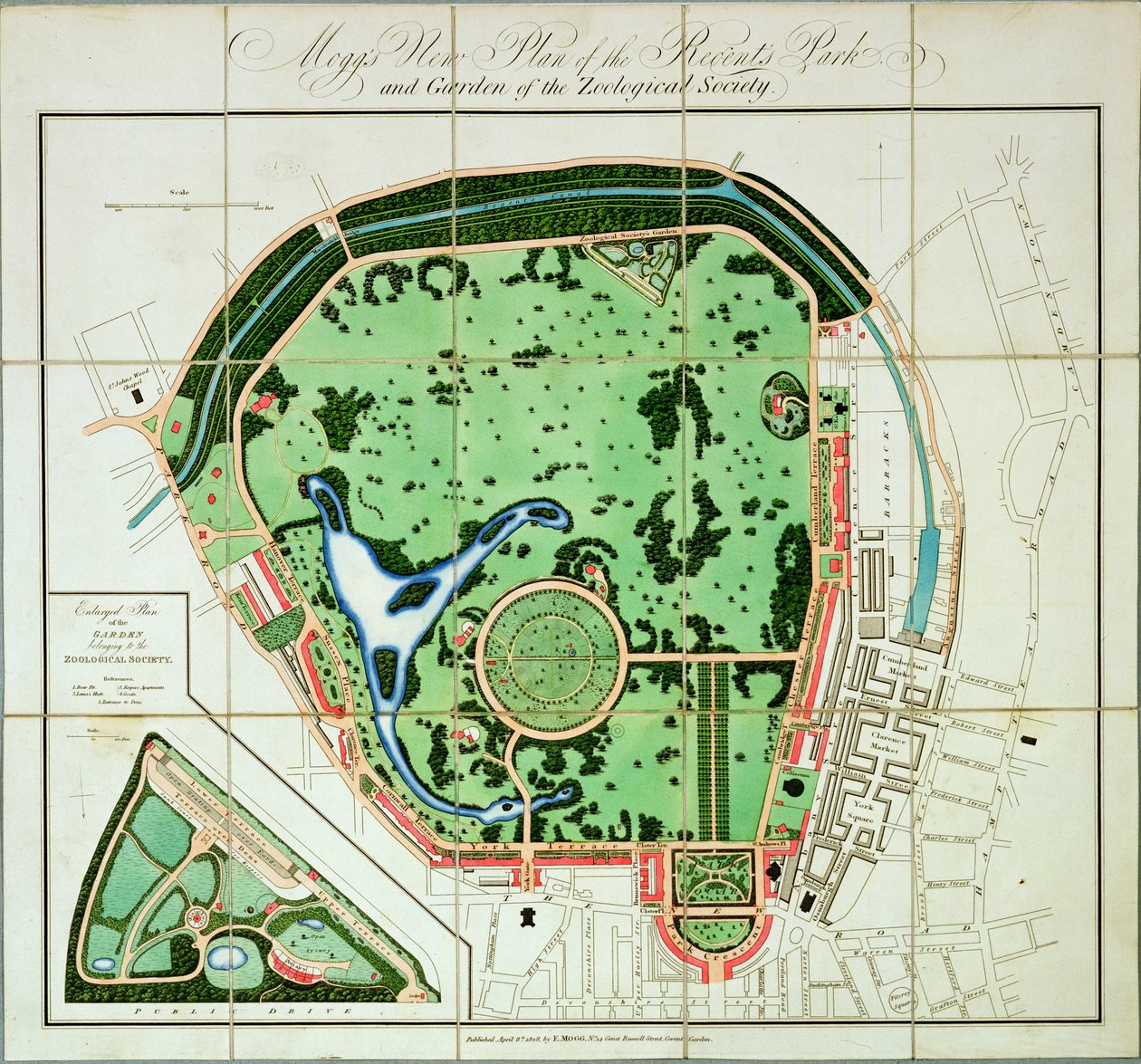 Moggs New Plan of the Regents Park and Garden of the Zoological Society, pubi. Kirjailija: Edward Mogg, 1828 tekijältä English School