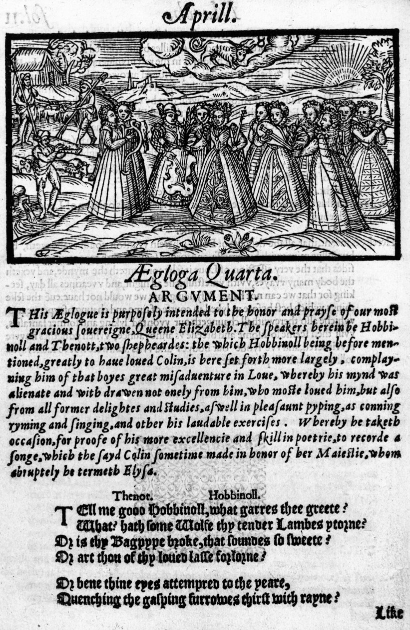 Huhtikuu Edmund Spenserin (1552-1599) teoksesta "The Shepheardes Calender", faksimile vuonna 1579 julkaistusta alkuperäisestä tekijältä English School