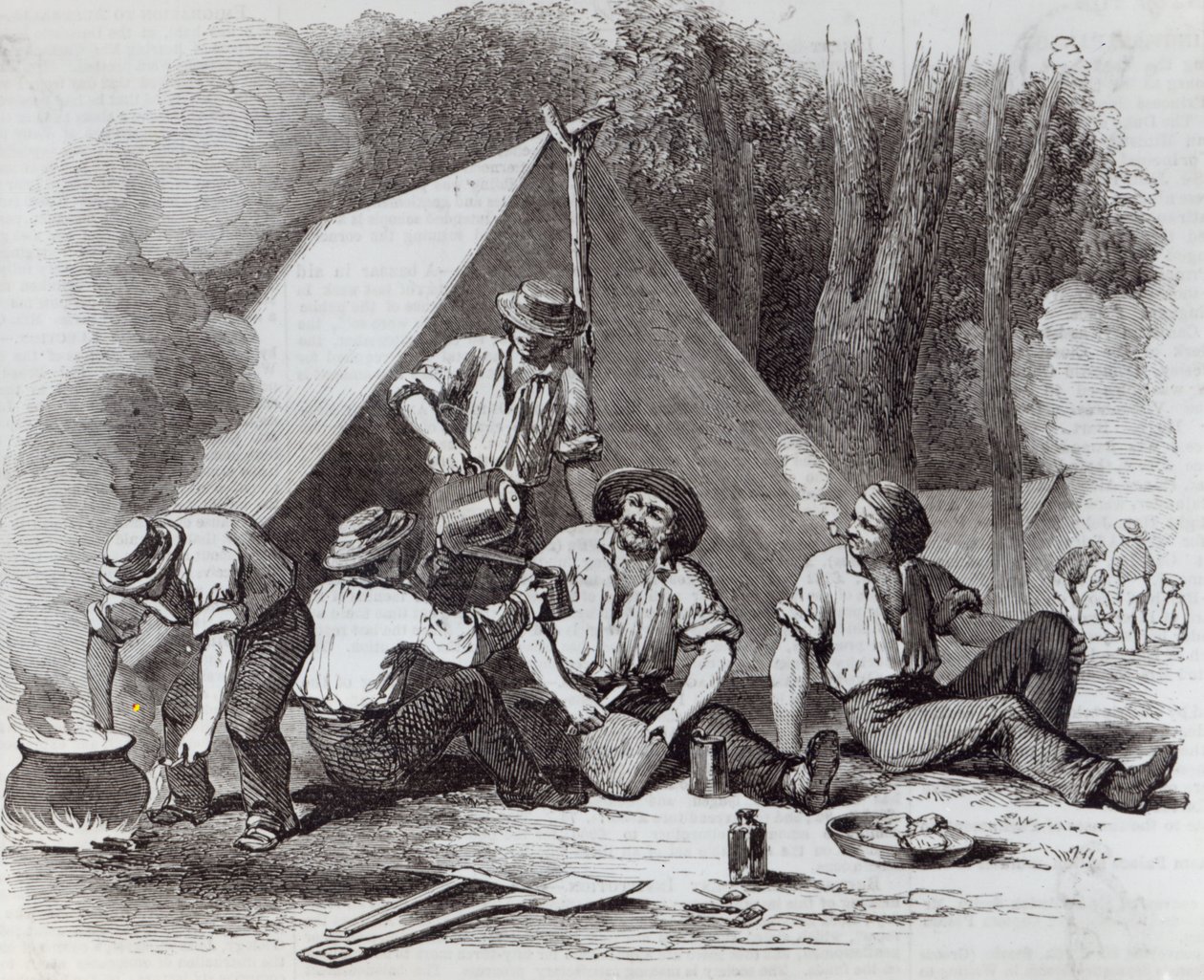 Mount Alexander kullankaivajia iltasotkussa, The Illustrated London News, 1852 tekijältä English School