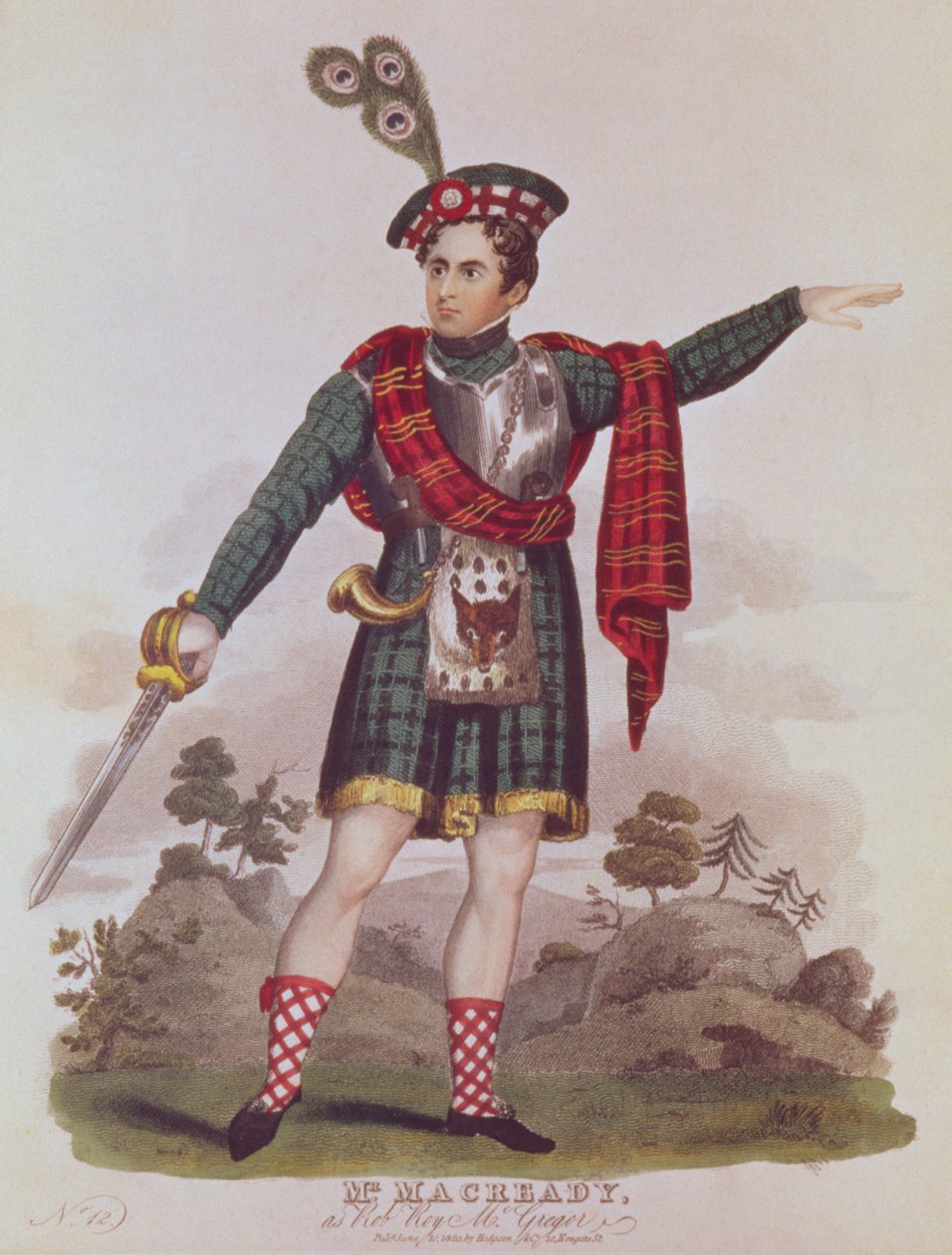 Mr. Macready Rob Roy Macgregorin roolissa Sir Walter Scottin "Rob Roy" -romaanin dramatisoinnista, pub. 1823 tekijältä English School