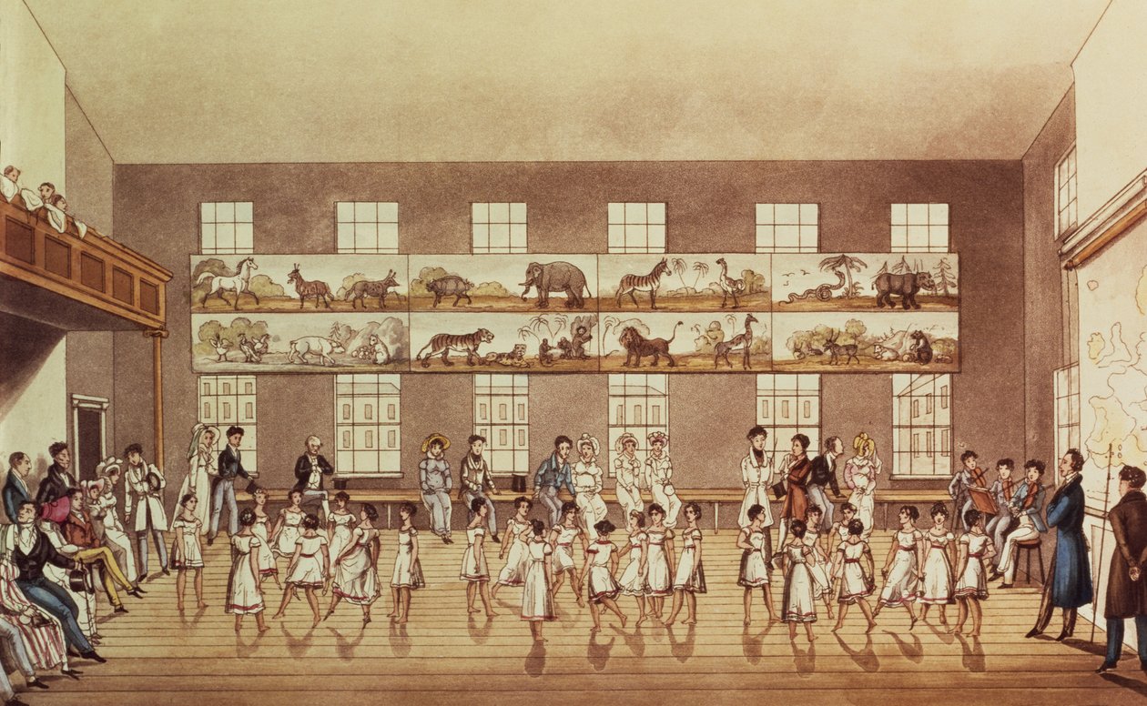 Mr Owens Institution, New Lanark (Quadrille Dancing), kaiverrus George Hunt, pubi. 1825 tekijältä English School