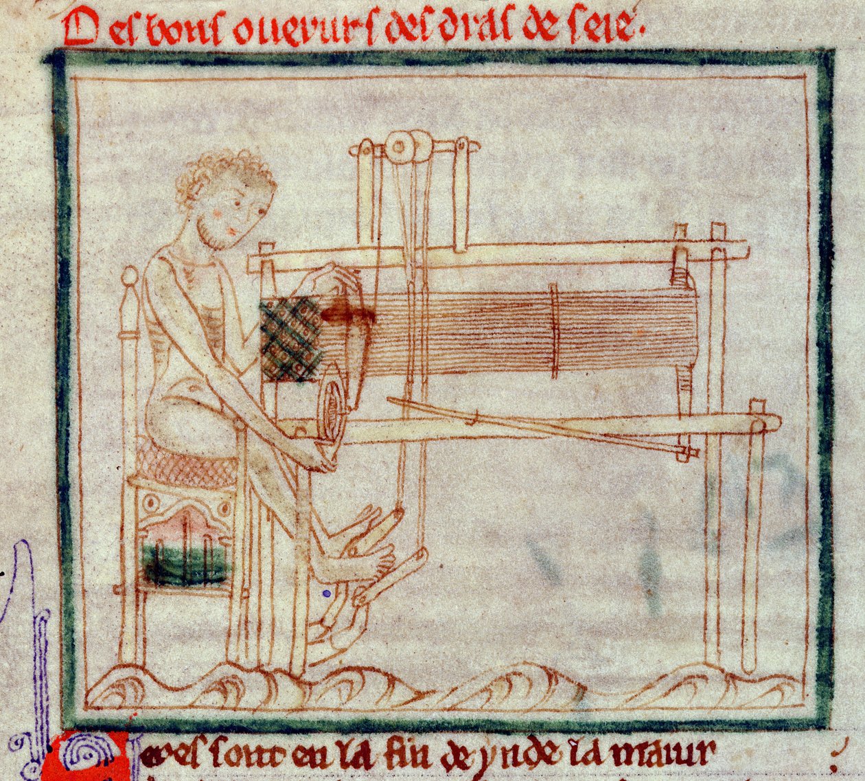 Ms 0.9.34 fol.32v Treadle Loom, Romance of Alexander, 1250 tekijältä English School