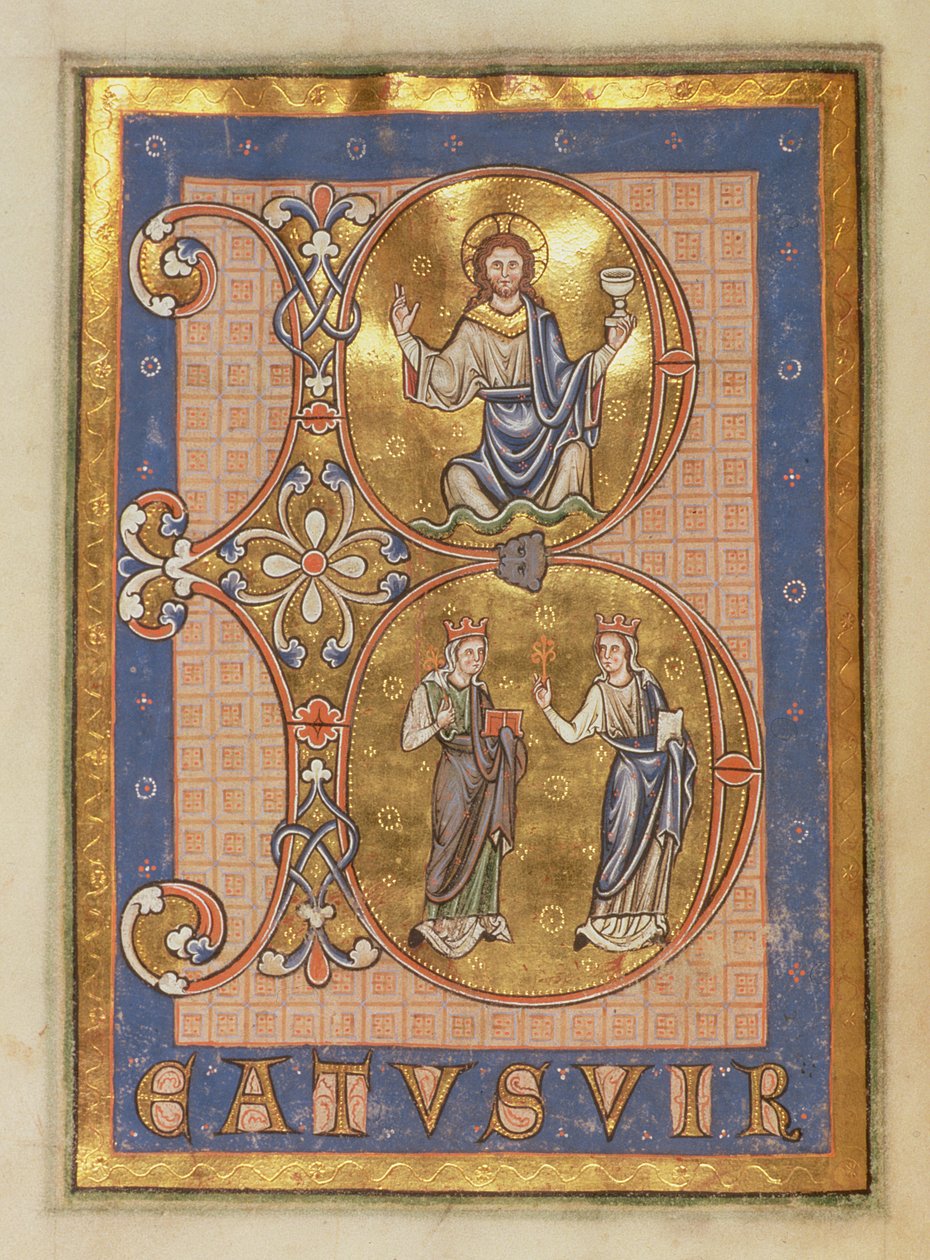 Ms 12 f.12v alkukirjaus B, ylhäällä: Kristus istuu, alaosa: kaksi naista, jotka edustavat laupeutta ja totuutta, Peterborough Psalterista, n. 1260 tekijältä English School