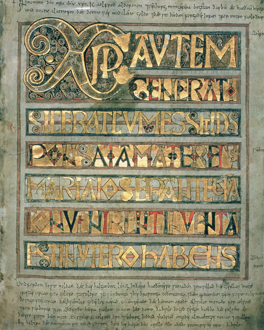 Ms A 135 f.11r Valaistu teksti, alkusivu `Xpi Pyhälle Matteukselle, Tukholman Codex Aureuksesta, n. 750 tekijältä English School