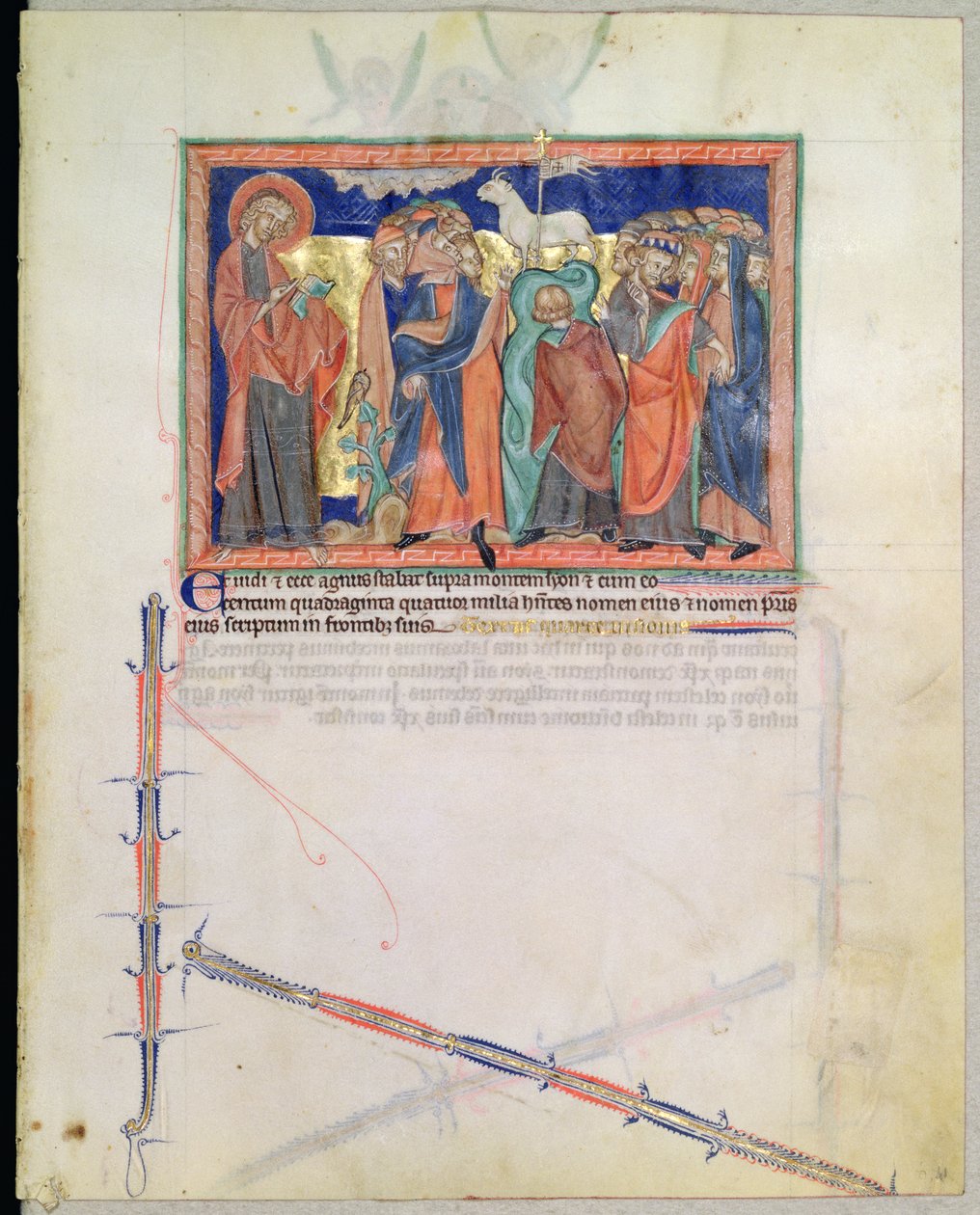 Ms L.A. 139-Lisboa fol.41 Pyhä Johannes Evankelista katsomassa sataaneljäkymmentäneljätuhatta palvovan Karitsaa Siionin vuorella, Gulbenkian Apokalypsista, n. 1265-1270 tekijältä English School