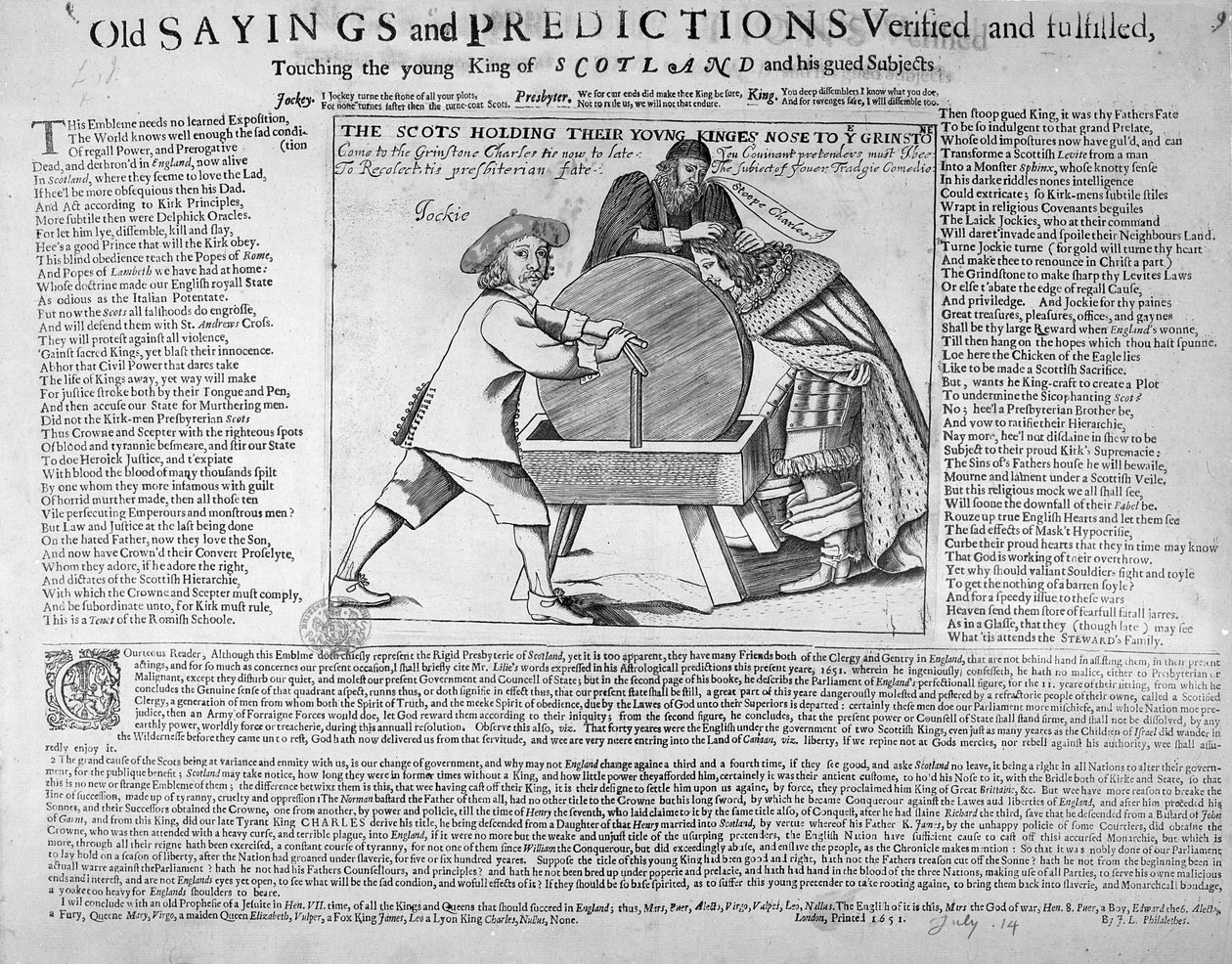 "Vanhat sanonnat ja ennustukset tarkistettuina ja toteutuneina, koskettaen nuorta Skotlannin kuningasta ja hänen opastettujaan alalaisia", julkaistiin vuonna 1651 tekijältä English School