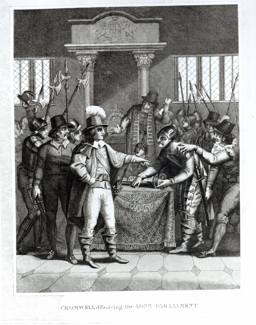 Oliver Cromwell (1599-1658) hajottaa pitkän parlamentin vuonna 1653 tekijältä English School