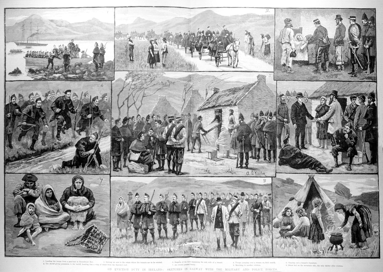Häätövelvollisuudesta Irlannissa: luonnoksia Galwayssa sotilas- ja poliisivoimien kanssa, "The Illustrated London News", 5. tammikuuta 1886 tekijältä English School