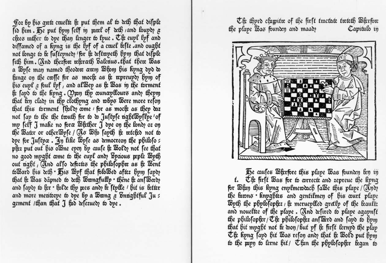 Sivuja Jacques de Cessolesin englanninkielisestä käännöksestä "De Ludo Saccorum", mukaan lukien kuva kahdesta shakkia pelaavasta ihmisestä, n. 1483 tekijältä English School