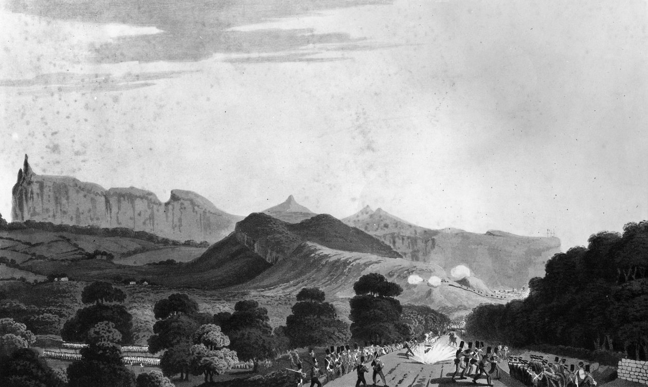 Osa ennen Port Louisia muodostuvaa brittiarmeijaa, kaiverrus I. Clark, 1813 (akvatinta) tekijältä English School