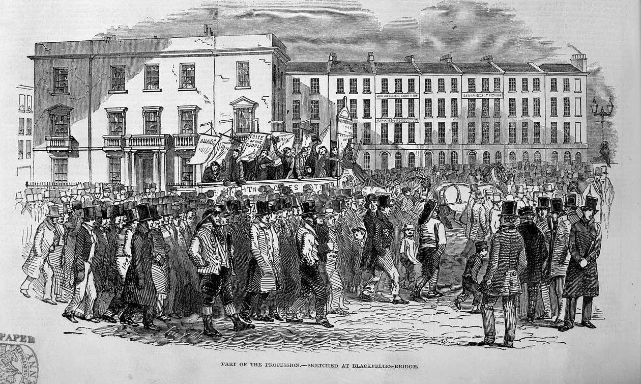 Osa Chartistien kulkueesta luonnosteltu Blackfriars Bridgellä, 10. huhtikuuta 1848 tekijältä English School