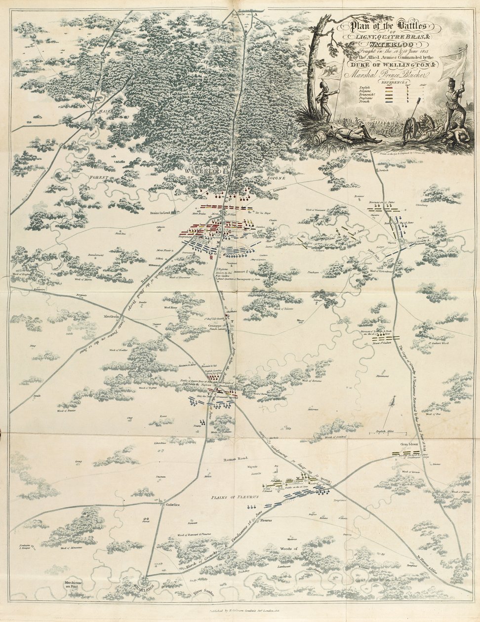 Suunnitelma Wellingtonin herttuan ja marsalkka prinssi Blücherin komentamien liittoutuneiden armeijoiden 16. ja 18. kesäkuuta 1815 taisteluista Lignyn, Quatre Brasin ja Waterloon taisteluista, "An Historical Account" tekijältä English School