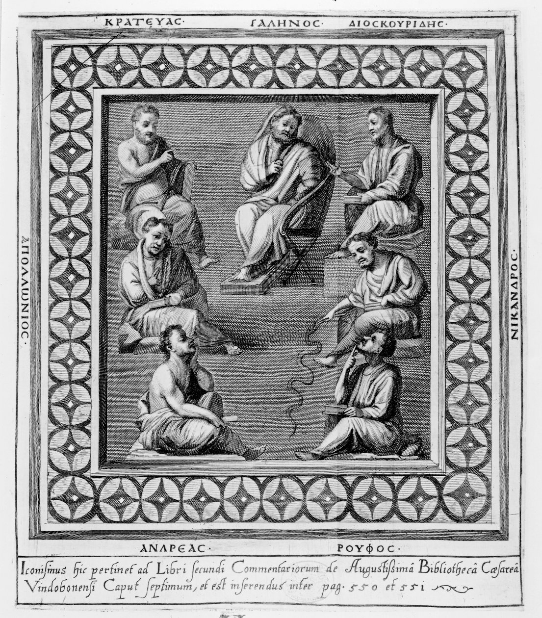 Levy, joka kuvaa seitsemää kreikkalaista filosofia, seitsemännestä luvusta "The Second Book of Commentaries on the Library of Caesar Augustus" vuodelta 1668. tekijältä English School