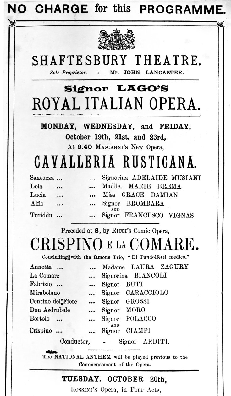 Näytelmä, joka mainostaa esitystä "Cavalleria Rusticana" ja "Crispino e la Comare" Shaftesbury Theatressa, 1891 (painettu paperi) tekijältä English School