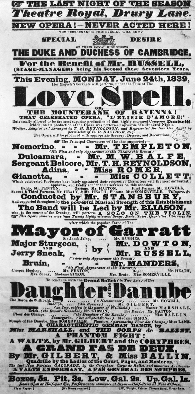 Playbill ilmoittaa "Love Spell" -esityksen Cambridgen herttuan ja herttuattaren käskystä, 1839 (painettu paperi) tekijältä English School