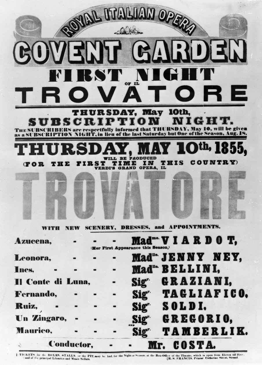 Covent Gardenin kuninkaallisen Italian oopperan esityslista, 1855 (painettu paperi) tekijältä English School