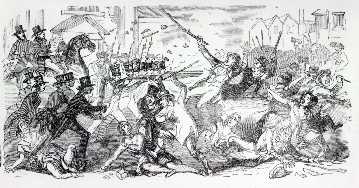 Plug Plot Riot Prestonissa, kuvitus The Illustrated London Newsista, elokuu 1842 tekijältä English School