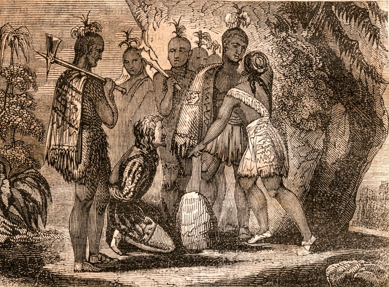 Pocahontas rukoilee Smithin hengen puolesta vuonna 1607, kuvitus kirjoista Tales of Travellers tai A View from the World, julkaistu 1838 tekijältä English School